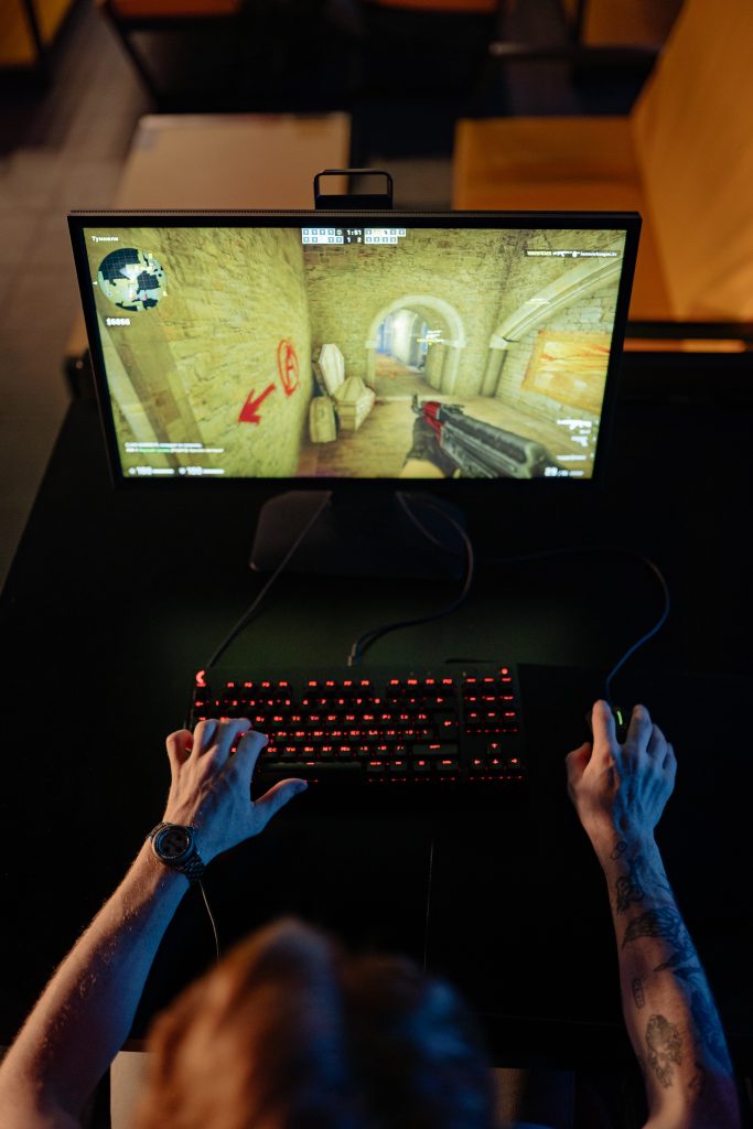 a person playing a shooting game on a computer