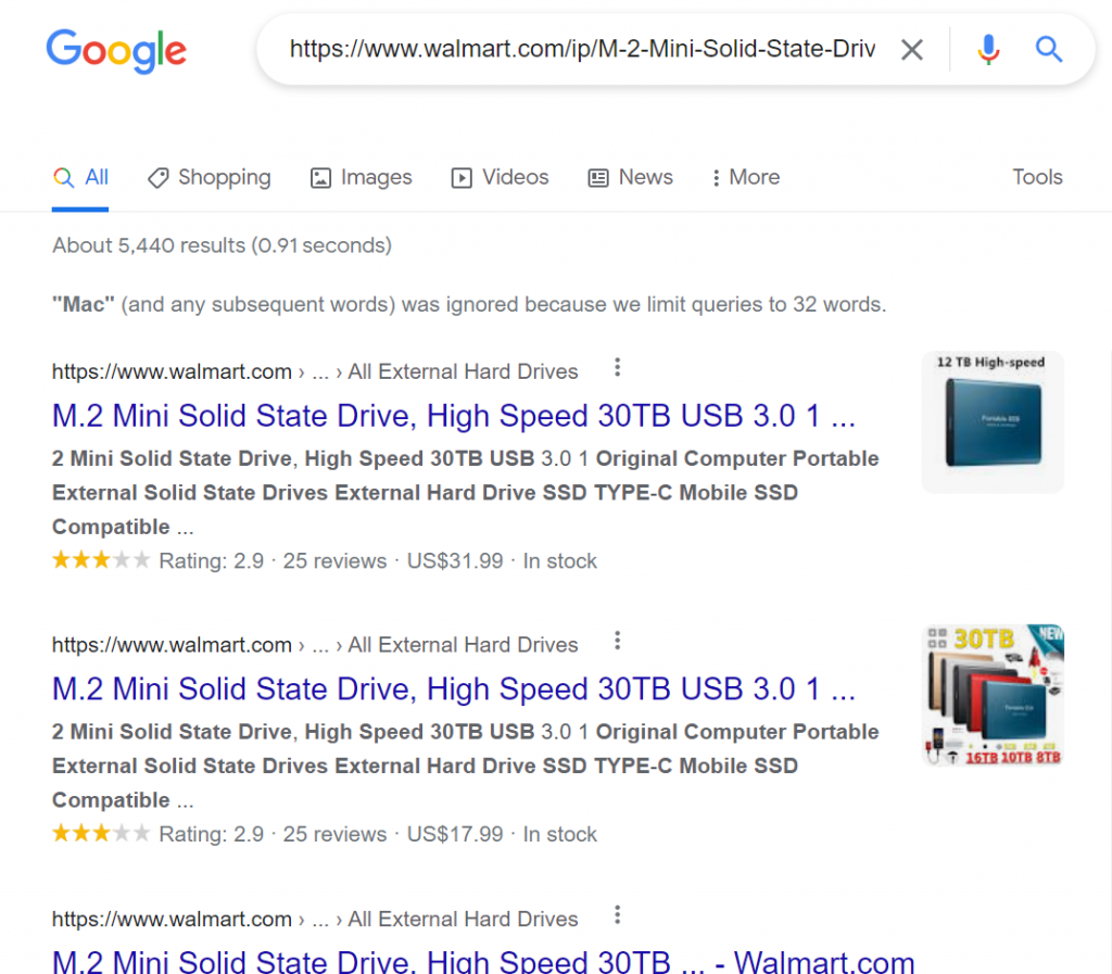 Googles search results when looking for hard drive on walmart.com
