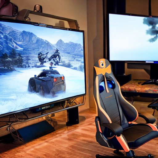 white and blue leather gaming chair in front of a big screen tv with a racing game being played