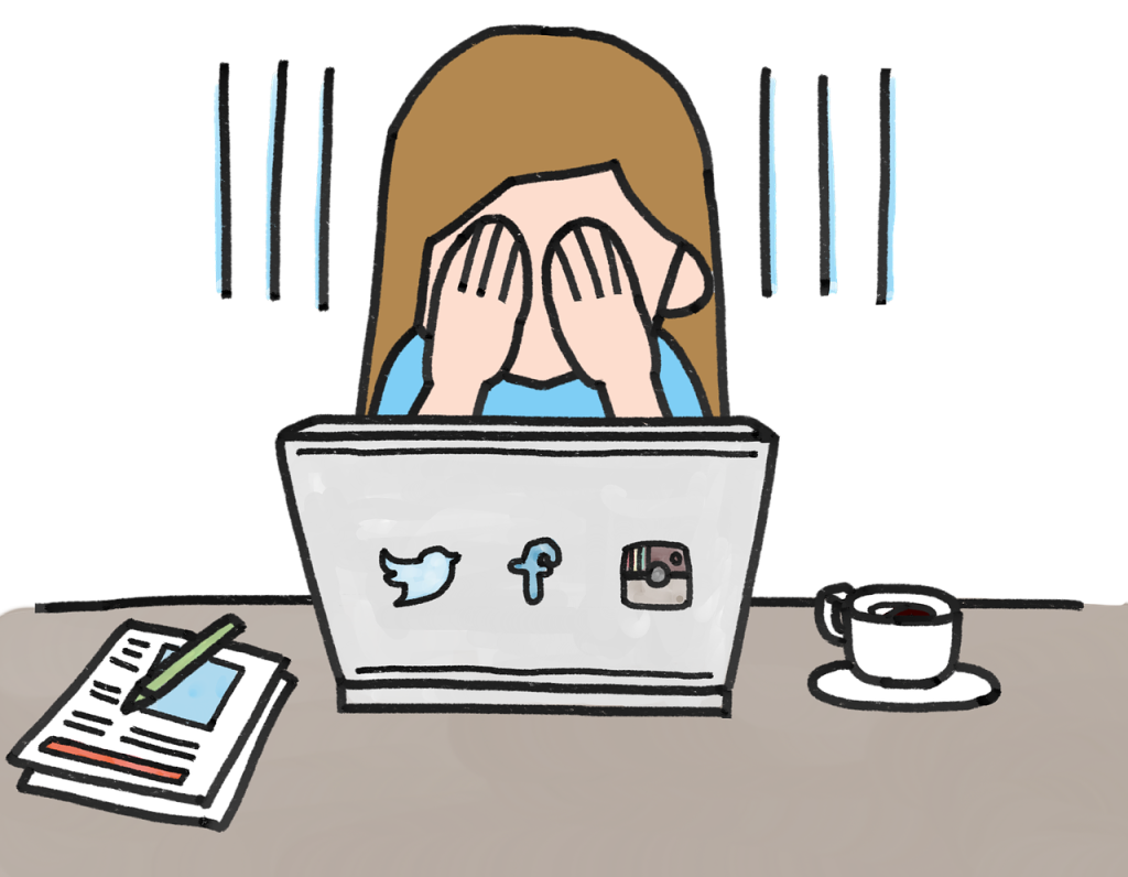 cartoon with head in her hands in front of twitter computer