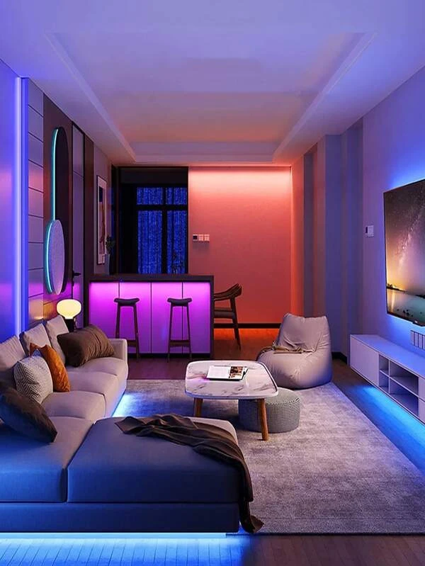 Colorful LED strip lights around the house